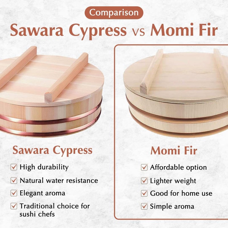TIKUSAN Wooden Hangiri Sushi Rice Mixing Tub PP Band with Lid Made in Japan Made of Momi Fir Sushi Rice Bowl Sushi Oke (10.6" (27cm)) - Image 4